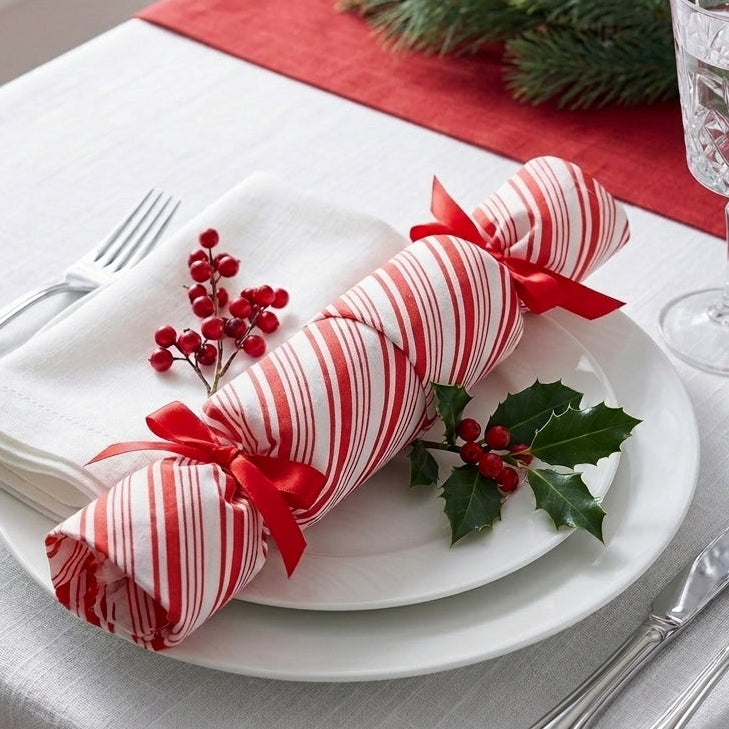 candy cane reusable christmas cracker on a white dinner plate with festive table decor in red and white.