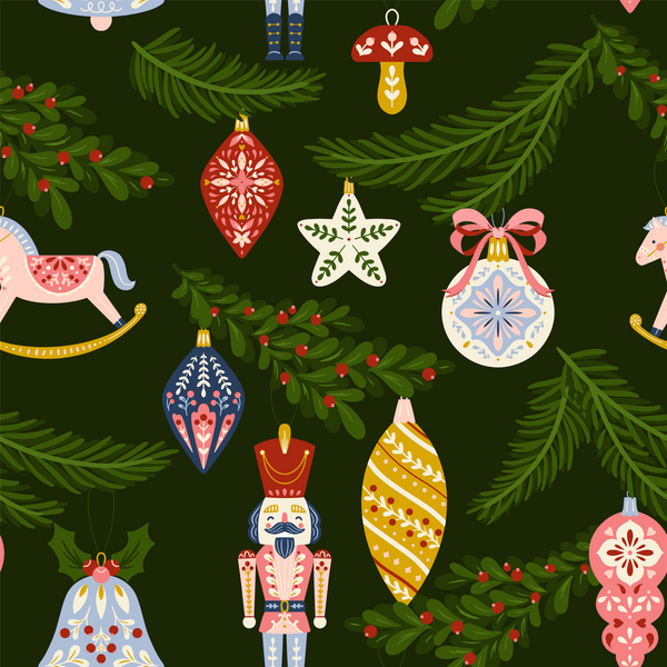 Swatch of Ornament fabric design. Fabric is black with colourful Christmas ornaments hanging off Christmas branches.
