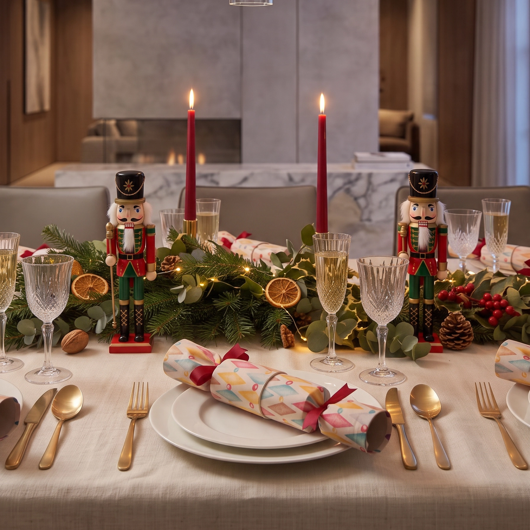 A beautifully set dining table for two, decorated for the holidays with a green garland, lit candles, nutcracker figures, crystal glasses, gold cutlery, and reusable Christmas cracker on a cream tablecloth. The background shows a modern, upscale interior with a marble fireplace and a gold chandelier.