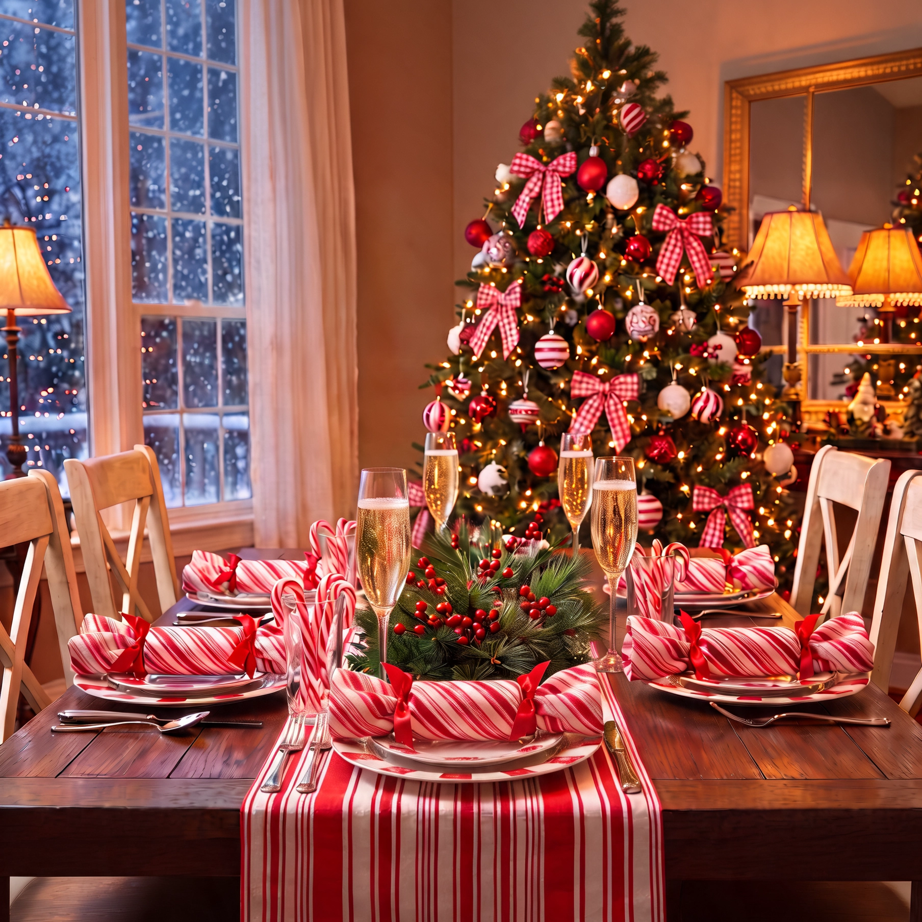 A beautifully decorated Christmas dining table set for four, featuring red and white striped table runners, candy cane reusable christmas crackers, plates, and glasses, with a lit Christmas tree and snowy window in the background.