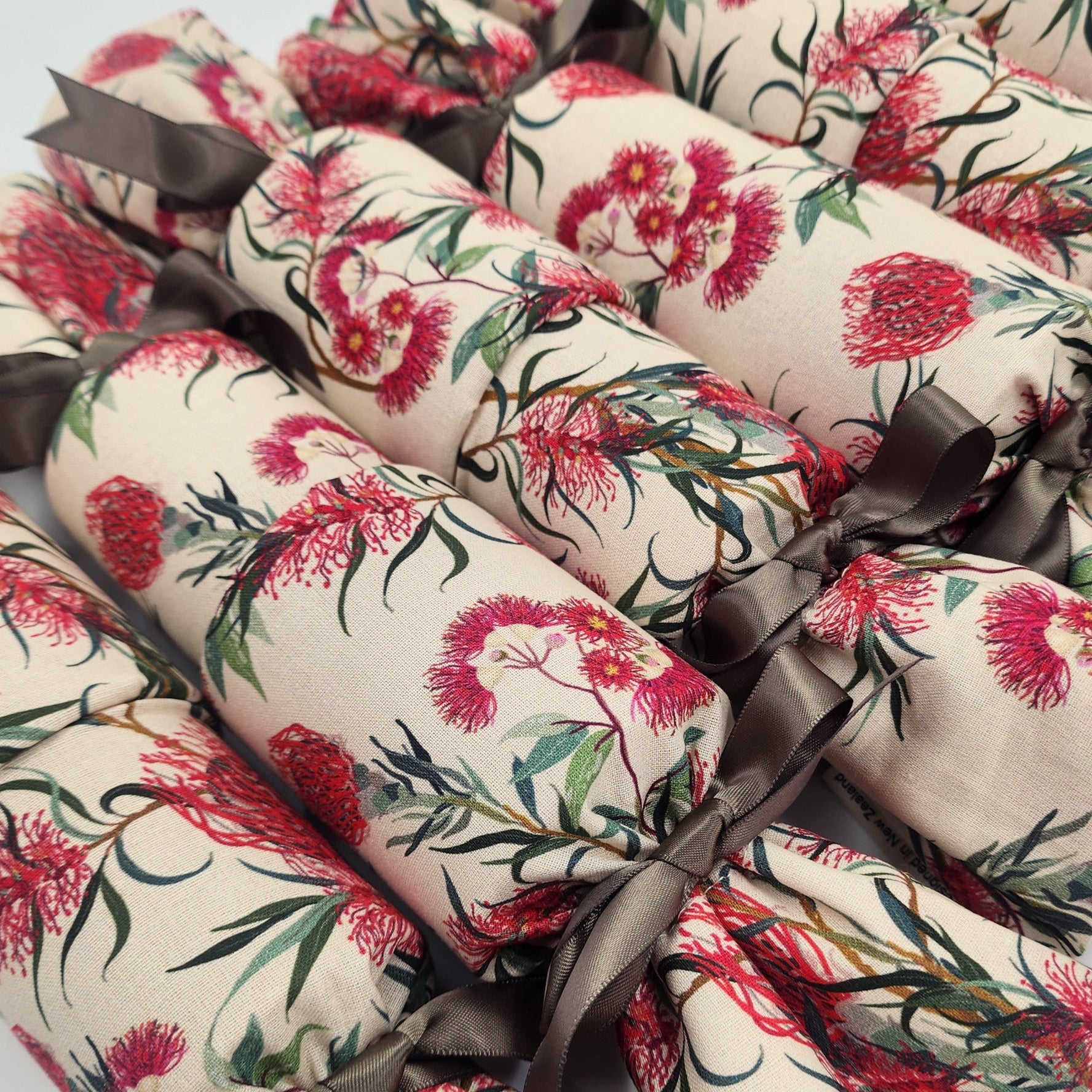 Reusable Chrsitmas crackers Eucalyptus with dark olive ribbon