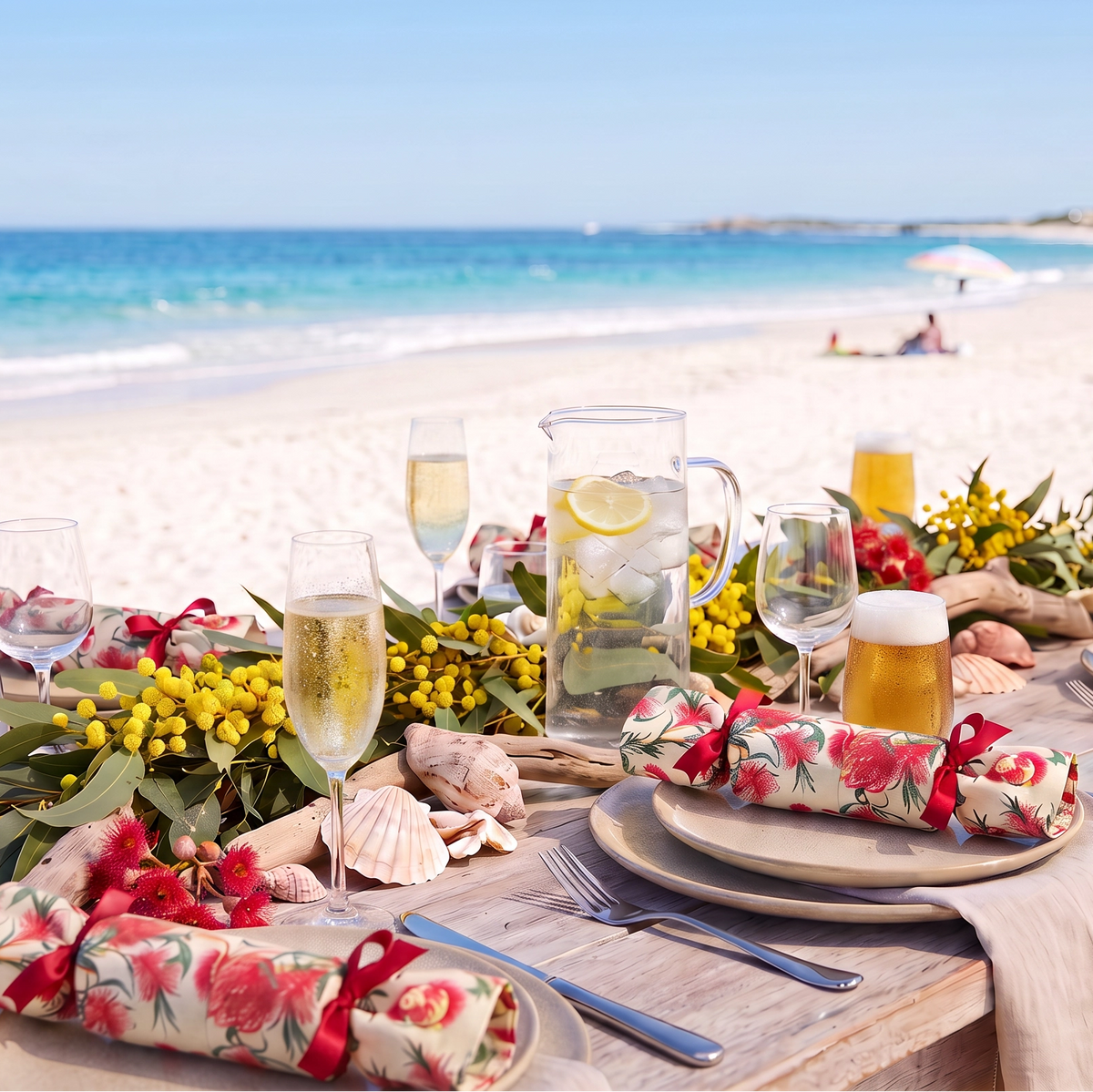 A beautifully set beach table with eucalyptus reusable crackers, champagne flutes, and seashell accents, set against a sunny sandy beach and turquoise ocean background.