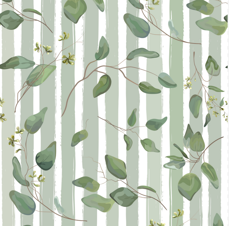 Swatch of Australiana Watercolour Design. Fabric has a taupe and white stripe with a green leaf pattern.