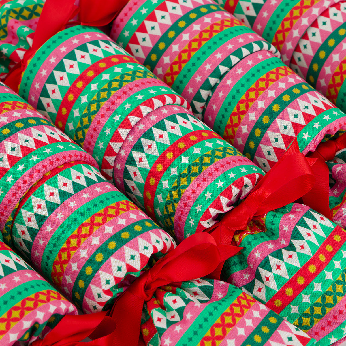 Fiesta reusable Christmas cracker — close-up of colourful geometric fabric detail