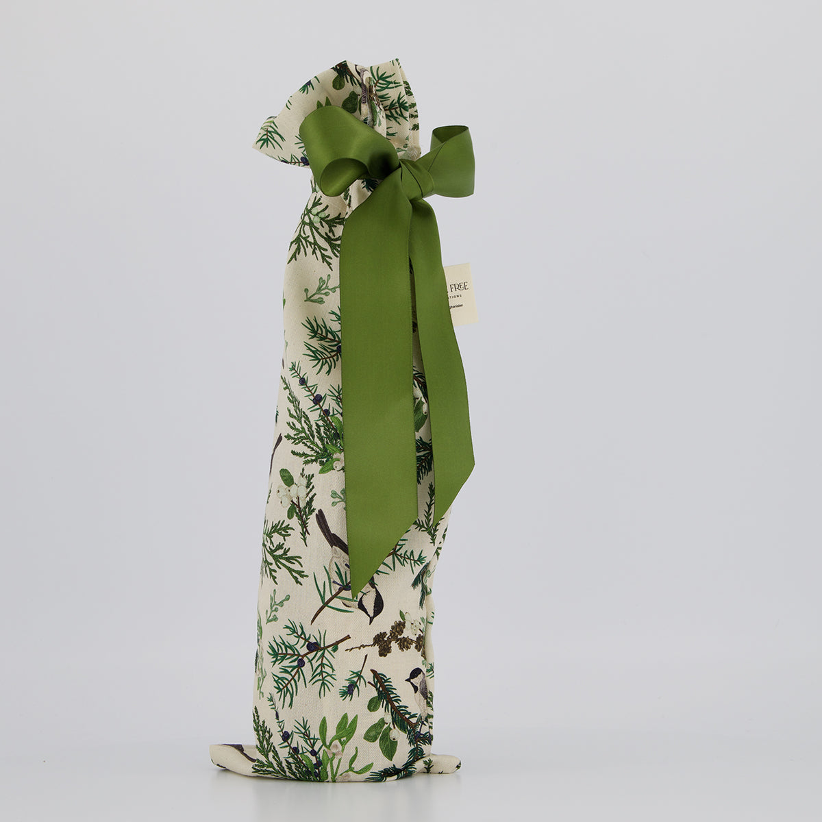 bottle reusable gift bag — pine and berry print in green, brown and cream — handmade in Afghanistan