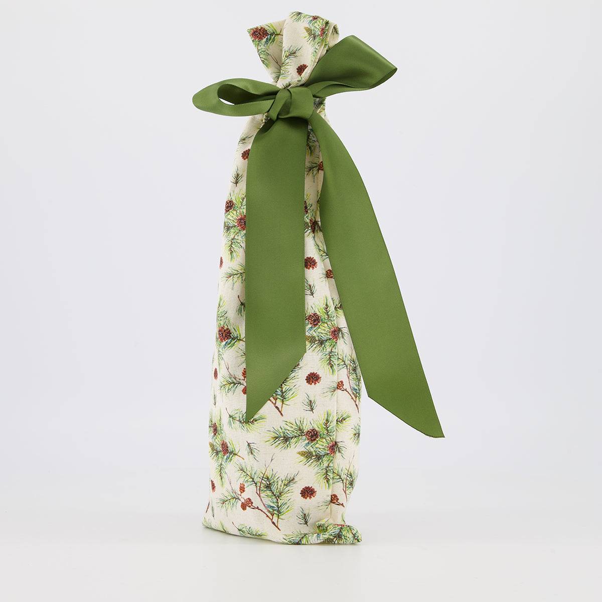 bottle reusable gift bag — subtle woodland botanical print in green and cream — handmade in Afghanistan