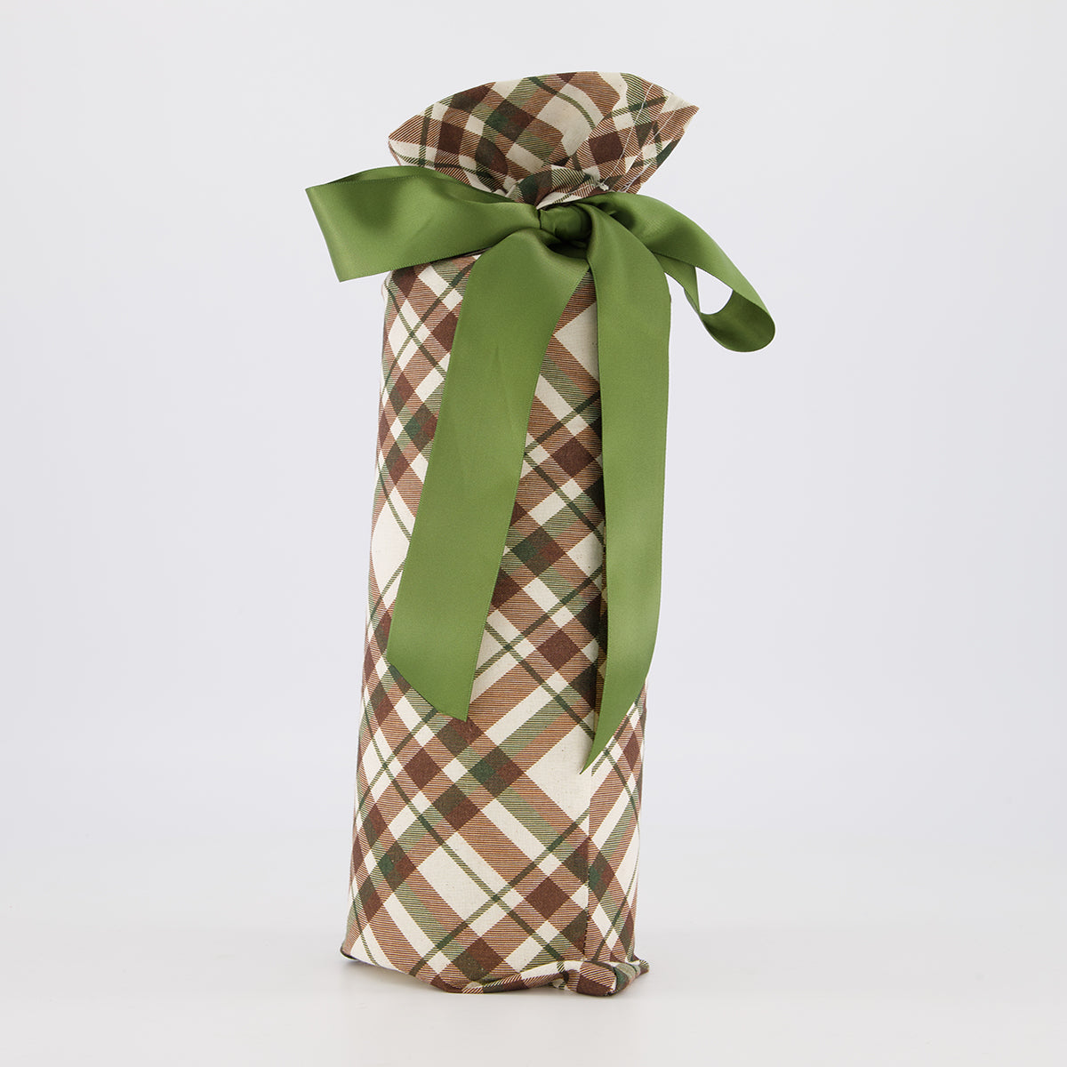 bottle reusable gift bag — rich forest green tartan in green, brown and cream — handmade in Afghanistan
