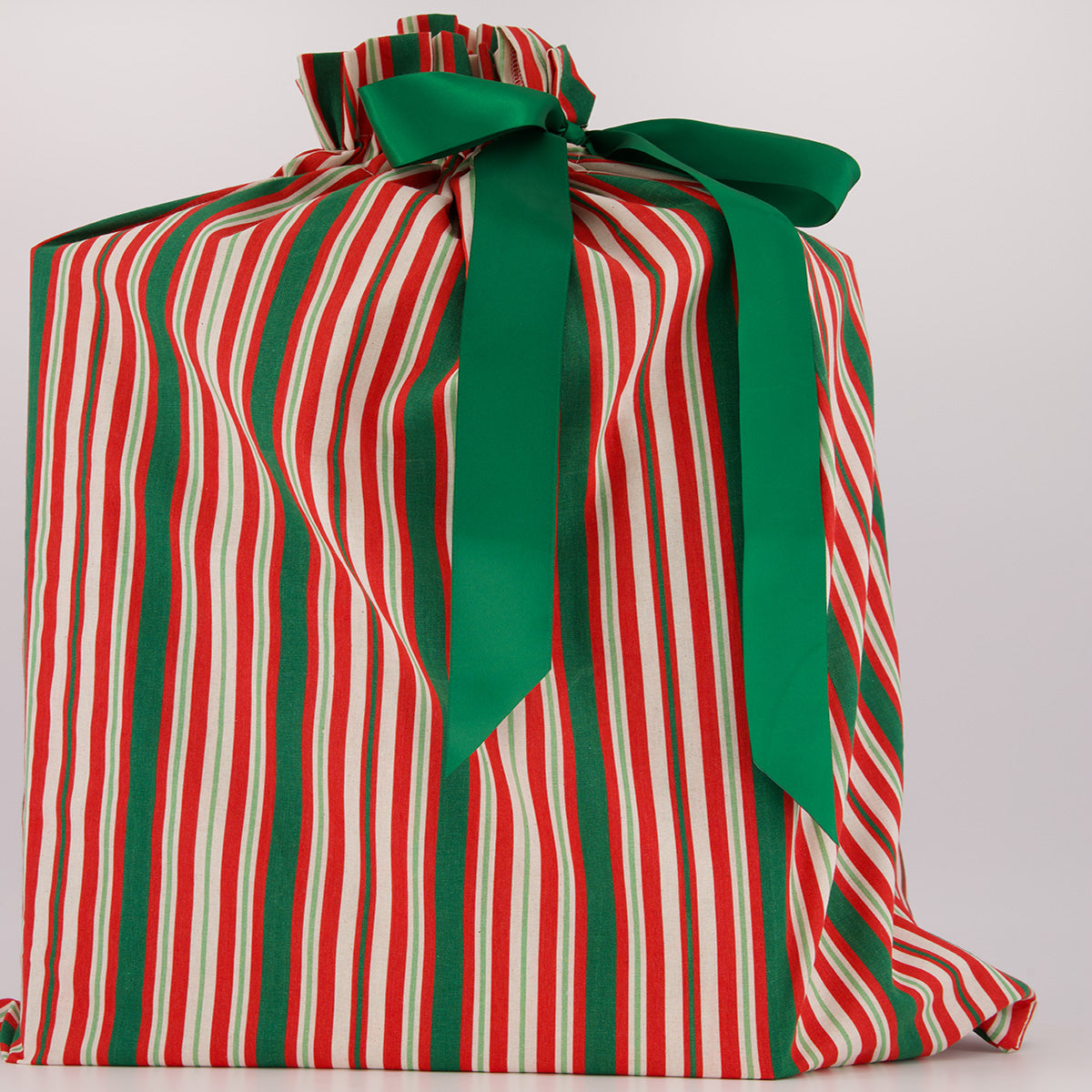 Santa Sack reusable gift bag — classic Scandi stripes in red, green and white — handmade in Afghanistan
