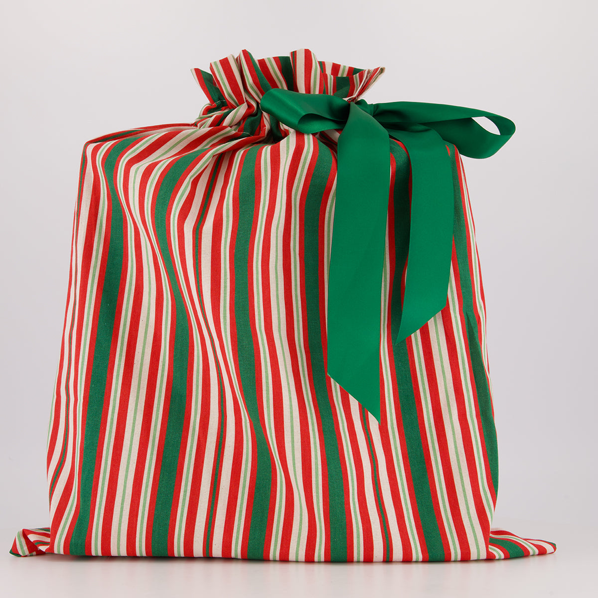 Large reusable gift bag — classic Scandi stripes in red, green and white — handmade in Afghanistan