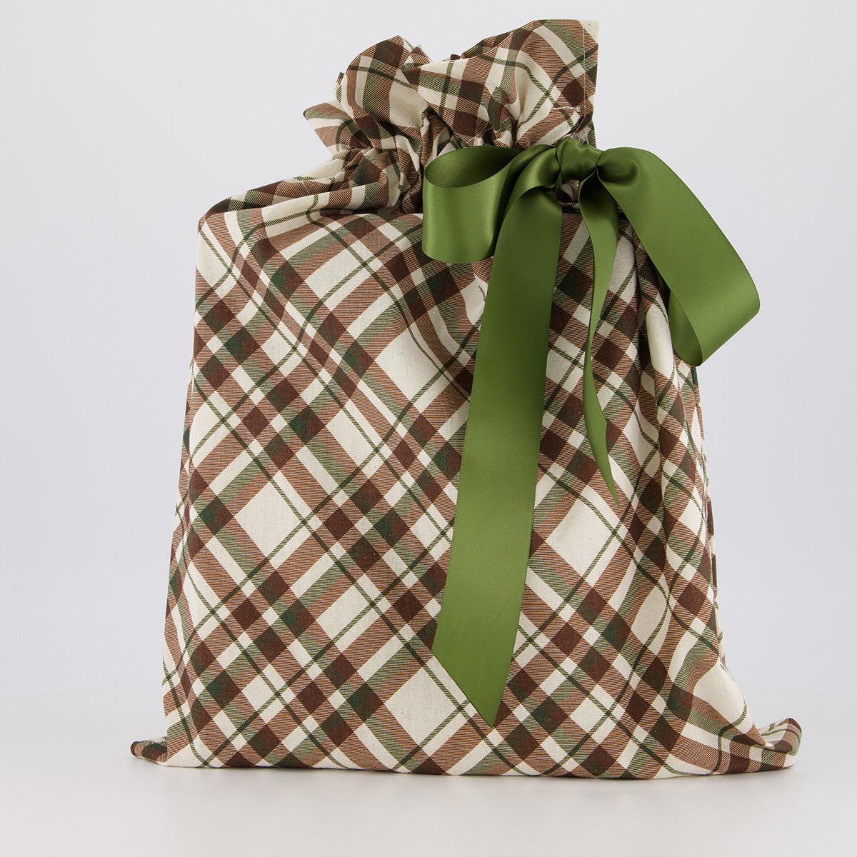 Medium reusable gift bag — rich forest green tartan in green, brown and cream — handmade in Afghanistan