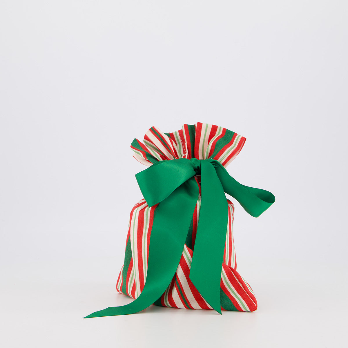 Small reusable gift bag — classic Scandi stripes in red, green and white — handmade in Afghanistan