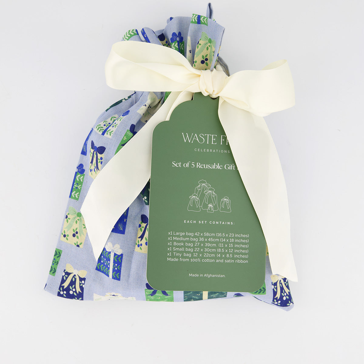 Folk Gaver reusable gift bag set of 5 packaging — illustrated gift box print in soft blue, sage and cream