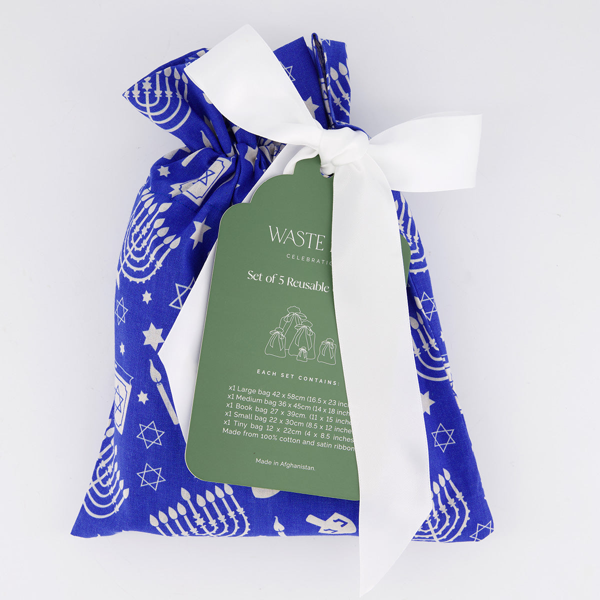 Hanukkah reusable gift bag set of 5 packaging — menorah and Star of David print in white on cobalt blue