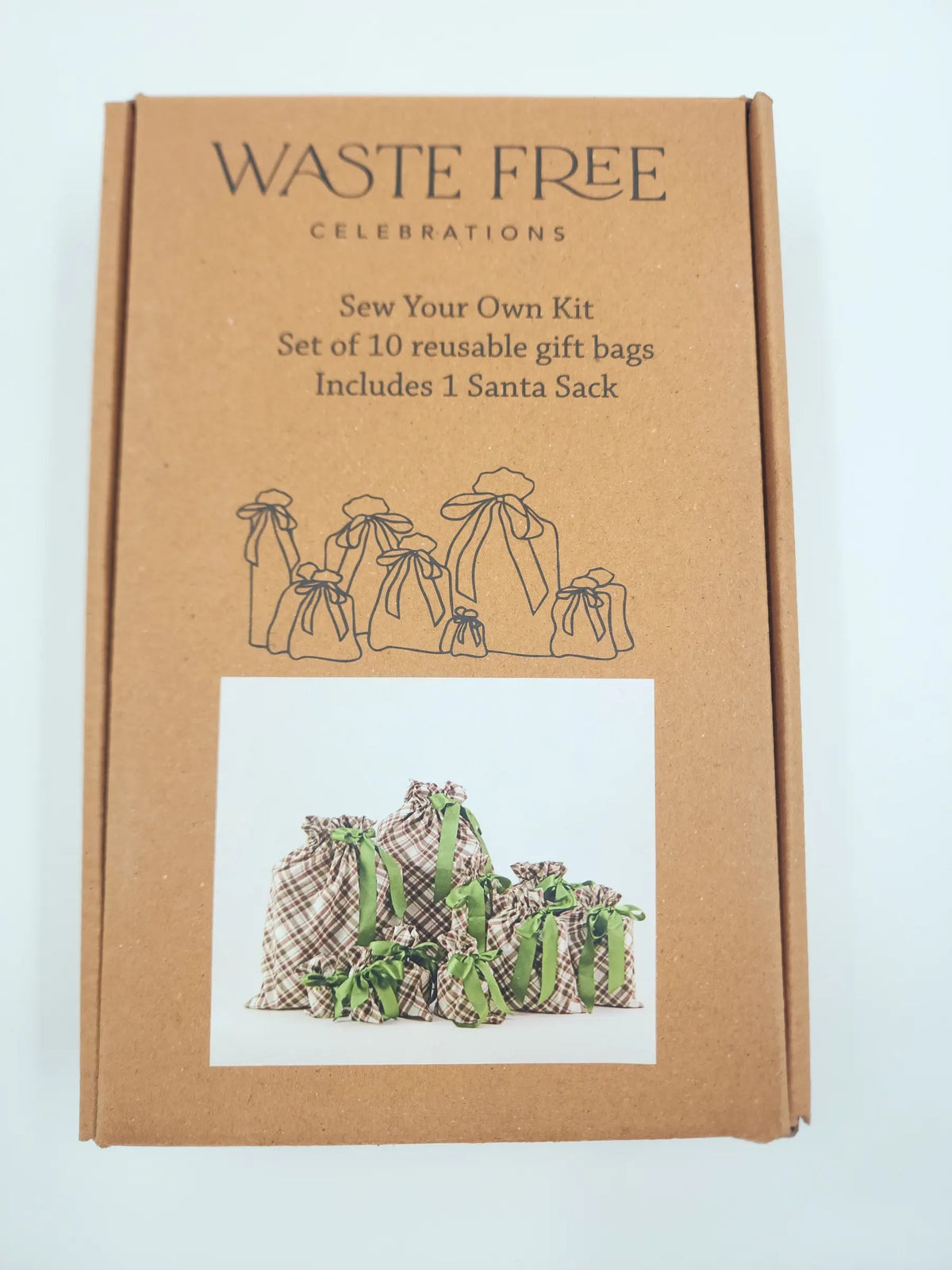 Tartan Sew Your Own Kit packaging — set of 10 reusable gift bags, includes 1 Santa sack