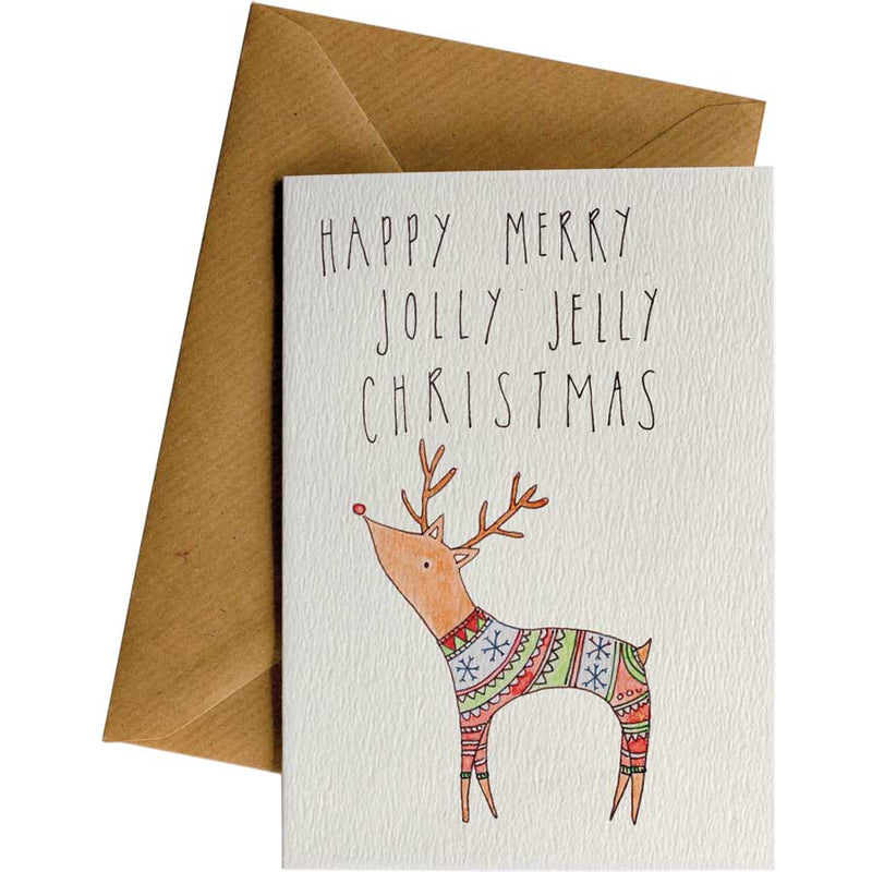 An eco Christmas Card with a drawing of a reindeer in a Christmas sweater, with the words "Happy Meryy Jolly Jelly Christmas".