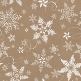 A fabric swatch of Snowflake design, featuring white snowflakes created with silver fern images, on a kraft coloured background.