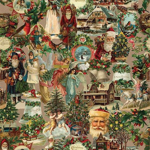Swatch of Vintage Santa design. The fabric has a collage of old world Christmas images on a natural coloured background.