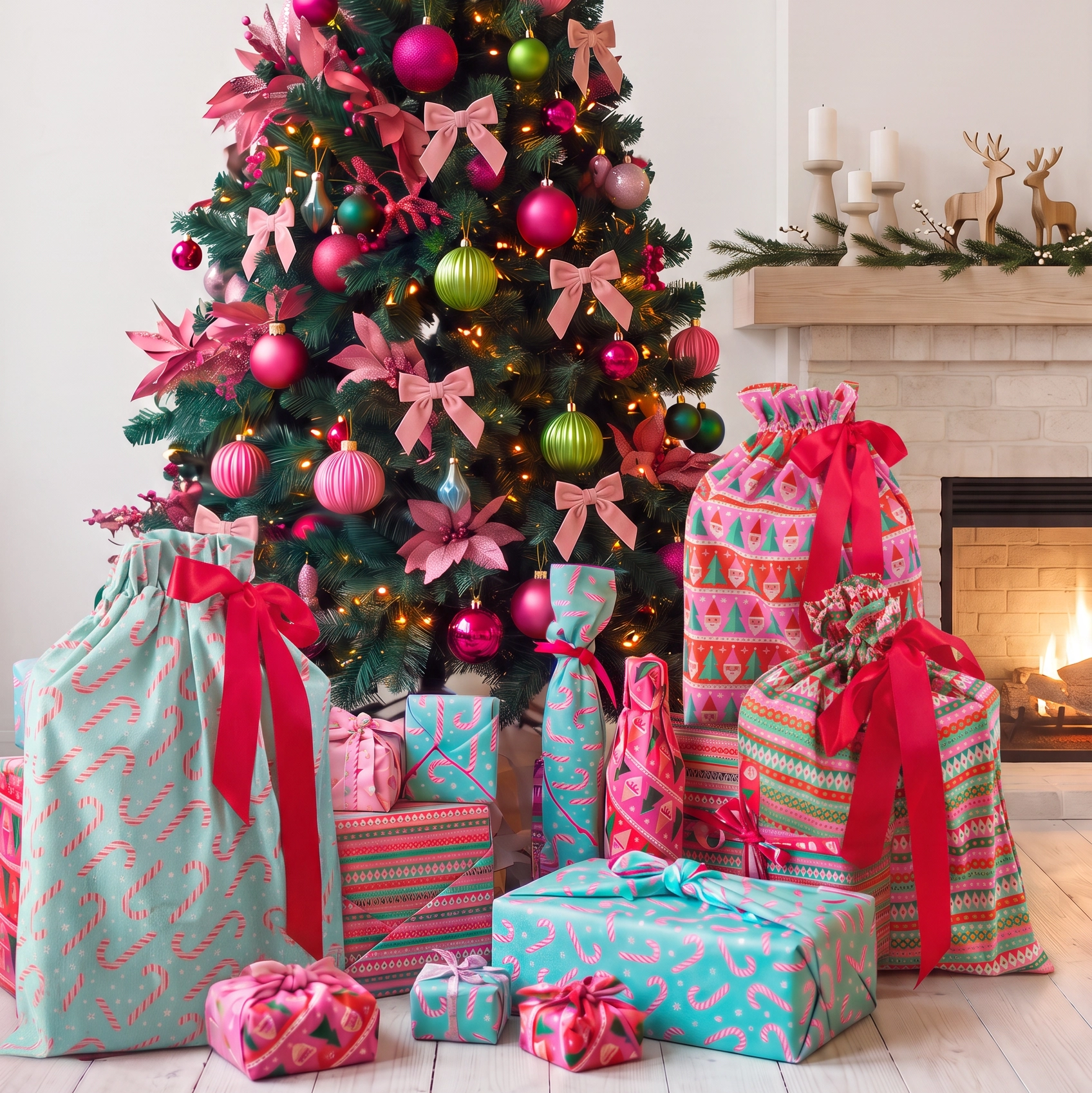 A decorated Christmas tree in a living room setting, surrounded by wrapped gift boxes and presents in festive pink, teal, and red reusable cotton. A fireplace with a lit fire is visible in the background.
