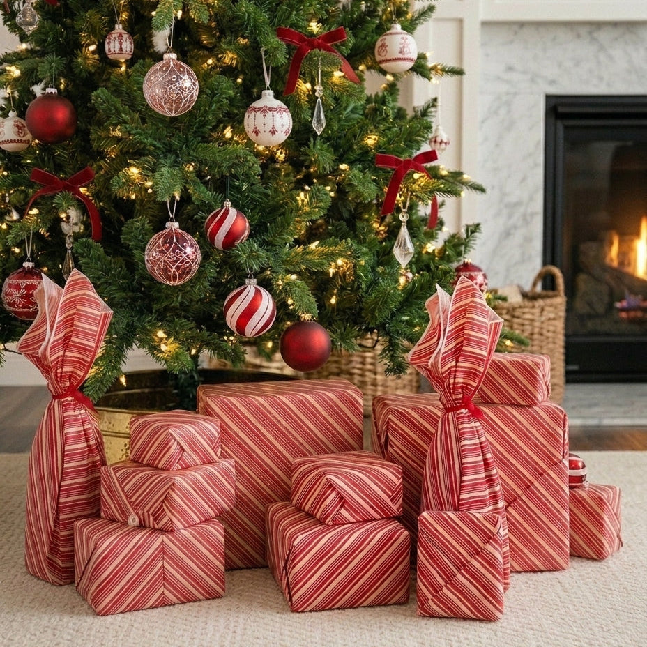 A collection of Christmas wrapped gifts in red and white striped cotton furoshiki, arranged under a decorated Christmas tree in a cozy living room setting with a fireplace in the background.