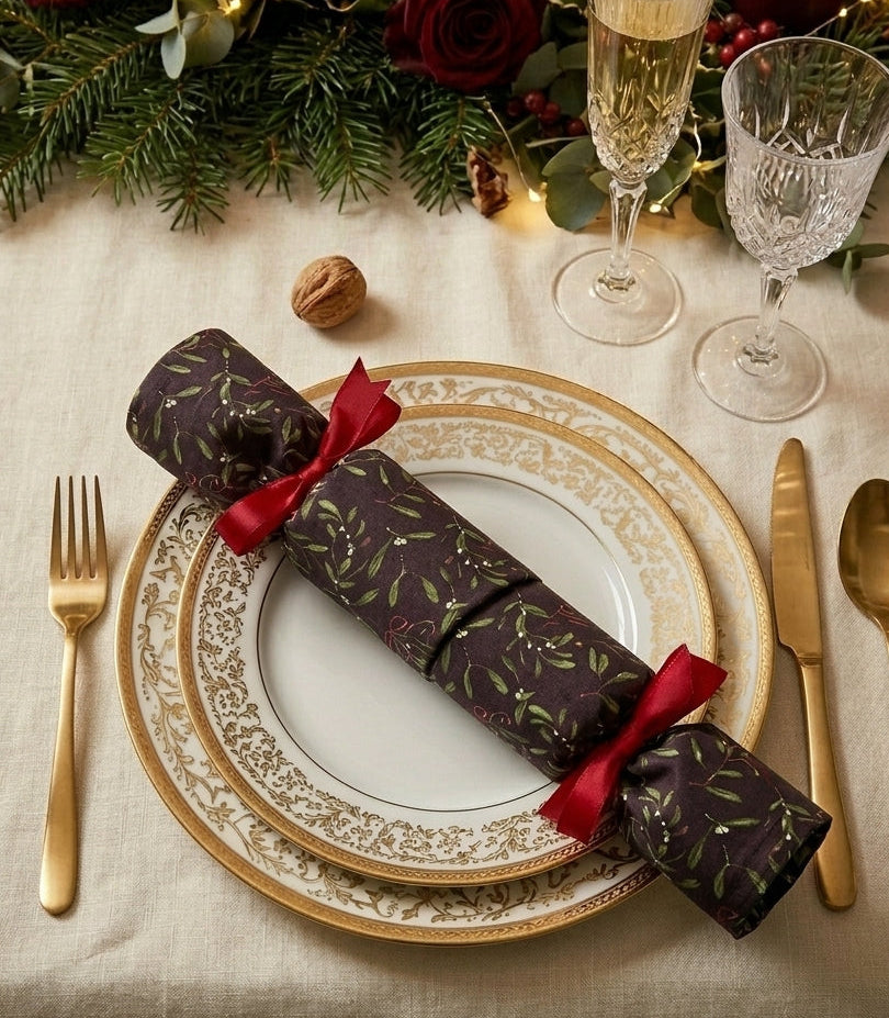 A festive holiday table setting featuring a black patterned reusable cotton cracker with red ribbon ties, layered white and gold plates, gold flatware, and a decorated garland with candles and glasses in the background.