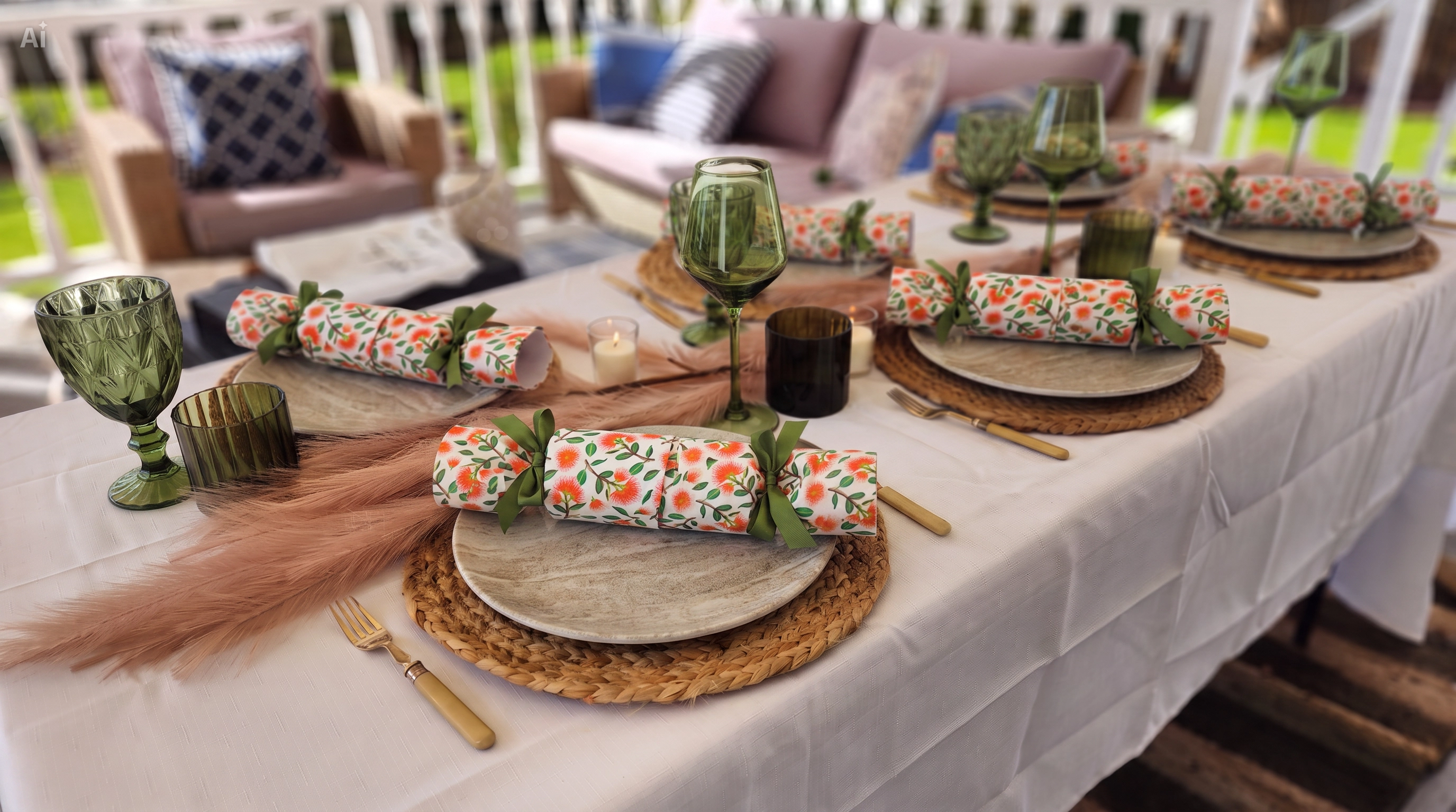 A styled outdoor table setting on a porch with white tablecloths, woven placemats, green glass goblets, reusable crackers in Pohutukawa print and candles. The background shows a blurred patio scene with grey lounge chairs and green grass.