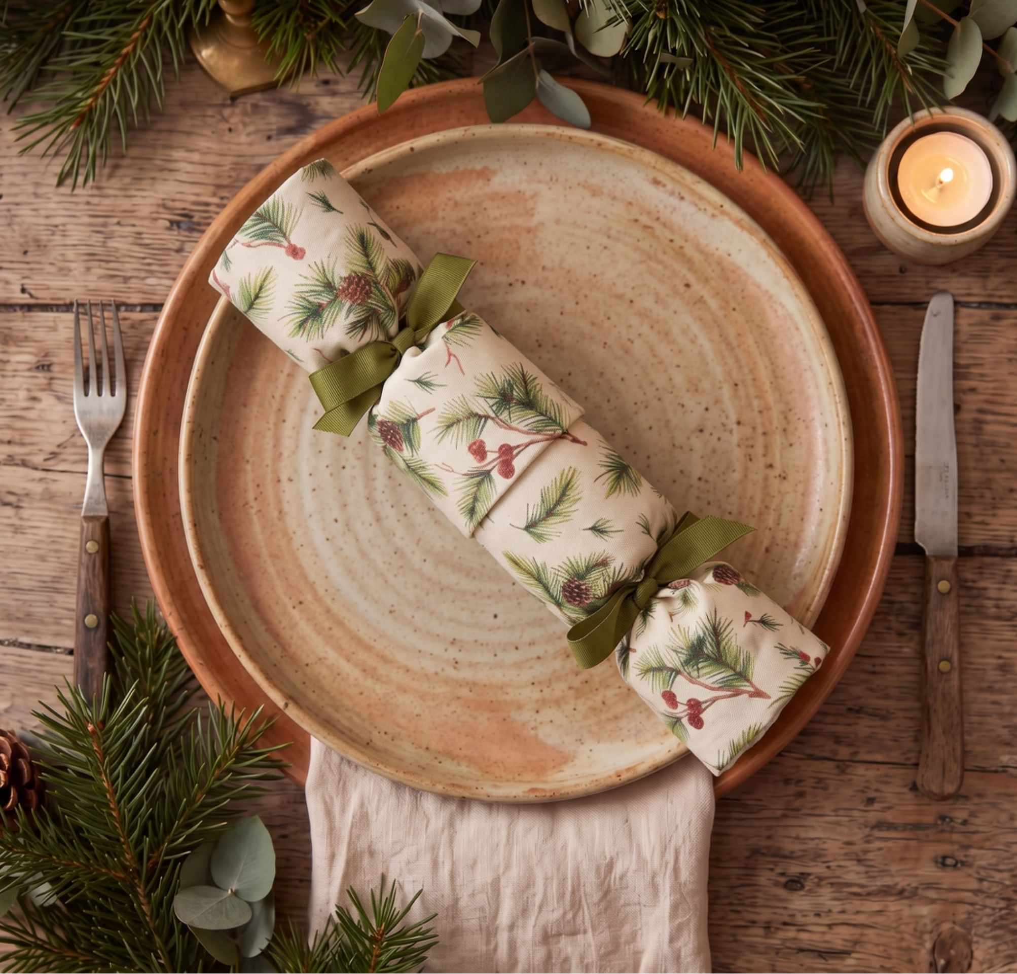 A festive ceramic plate set on a rustic wooden table, styled with a reusable cotton Christmas cracker in natural fabric with a pine, tied with green ribbons, alongside a fork, knife, candle, and holiday greenery.