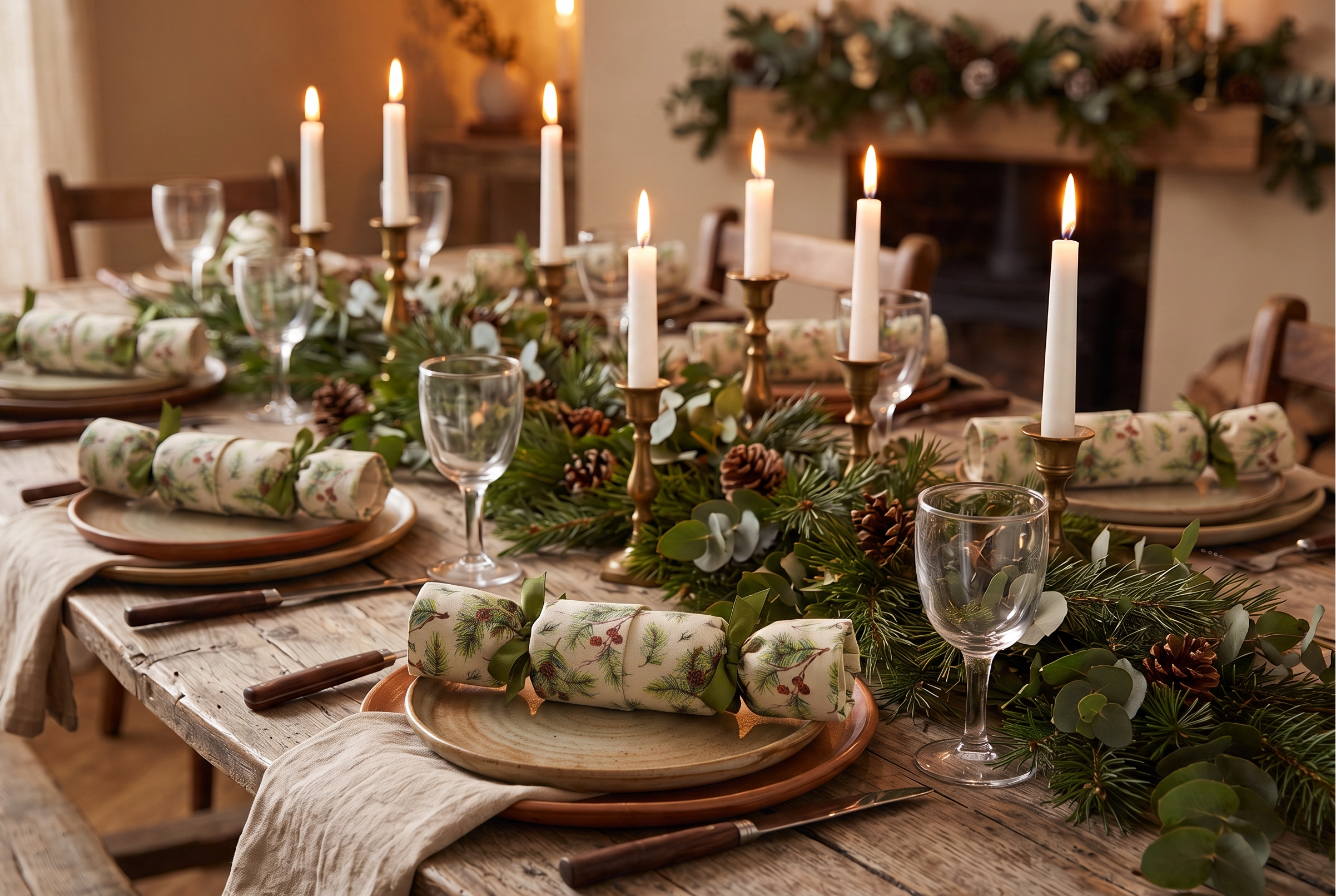 A festive ceramic plate set on a rustic wooden table, styled with a reusable cotton Christmas cracker in natural fabric with a pine, tied with green ribbons, alongside a fork, knife, candle, and holiday greenery.