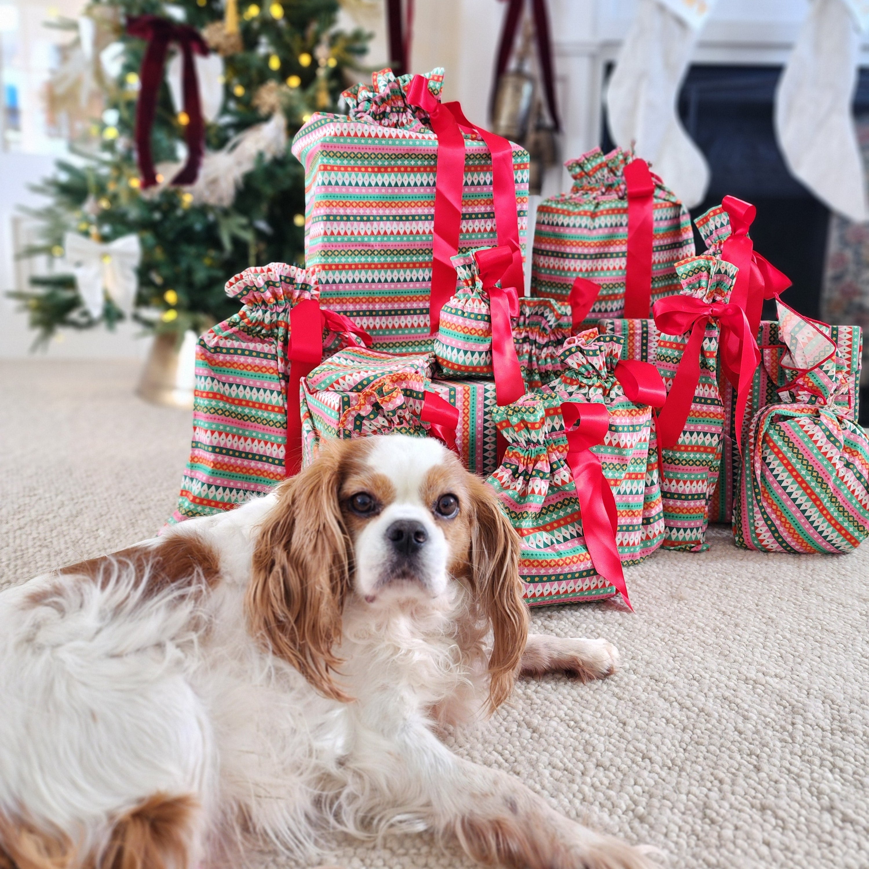 A white and tan dog lies on a beige carpet in a decorated living room, with Christmas presents wrapped in multicolor striped cotton bags and tied with red ribbons behind it, plus a Christmas tree and fireplace stockings in the background.