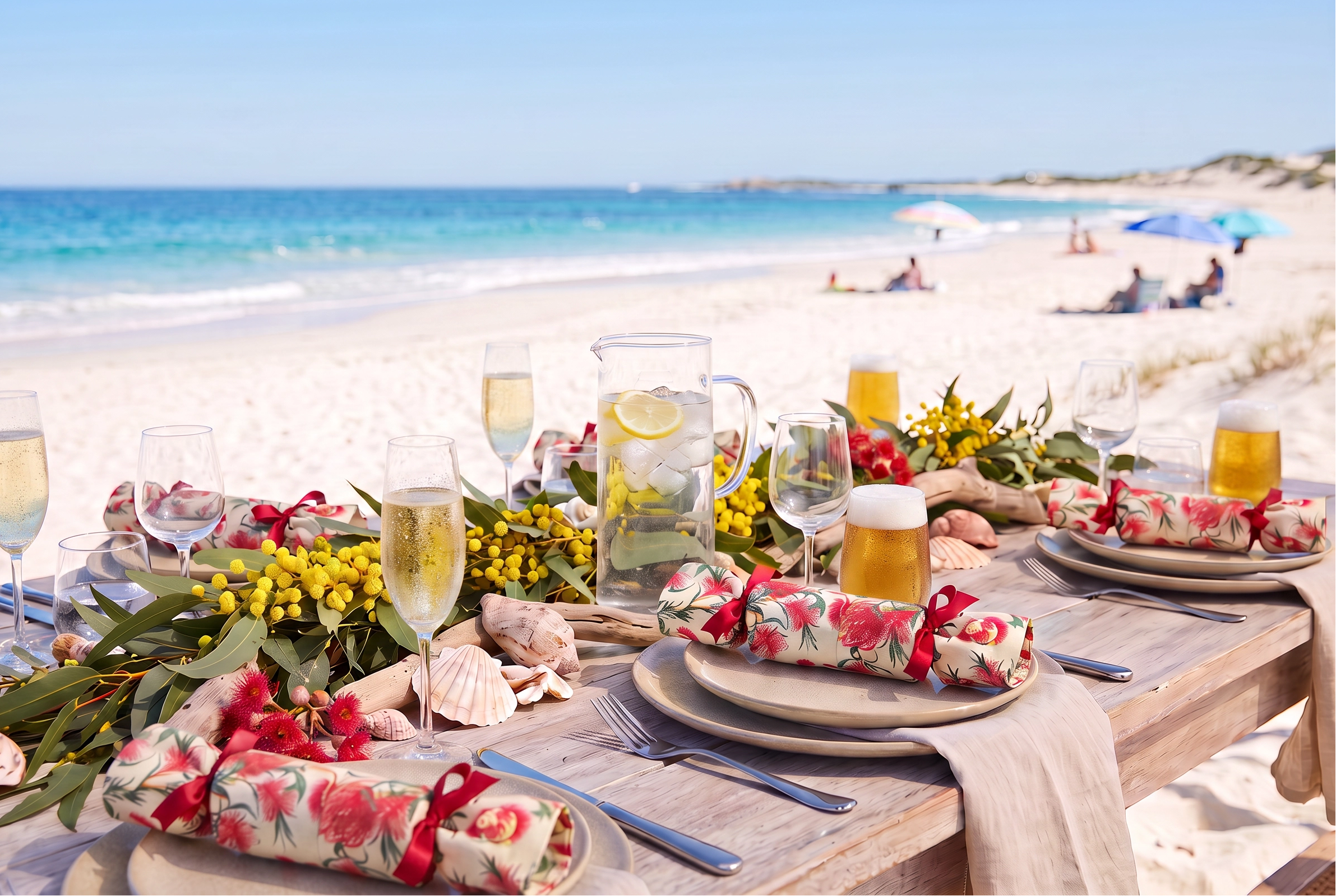 A beautifully set beach table with eucalyptus reusable crackers, champagne flutes, and seashell accents, set against a sunny sandy beach and turquoise ocean background.