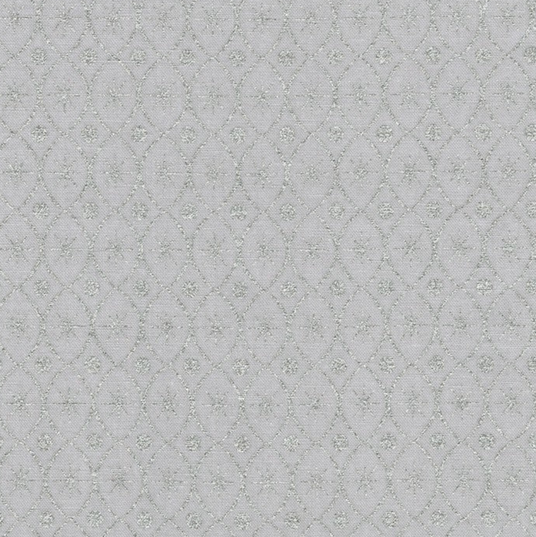 Swatch of Silver and Ice Fabric. Grey fabric with silver design.