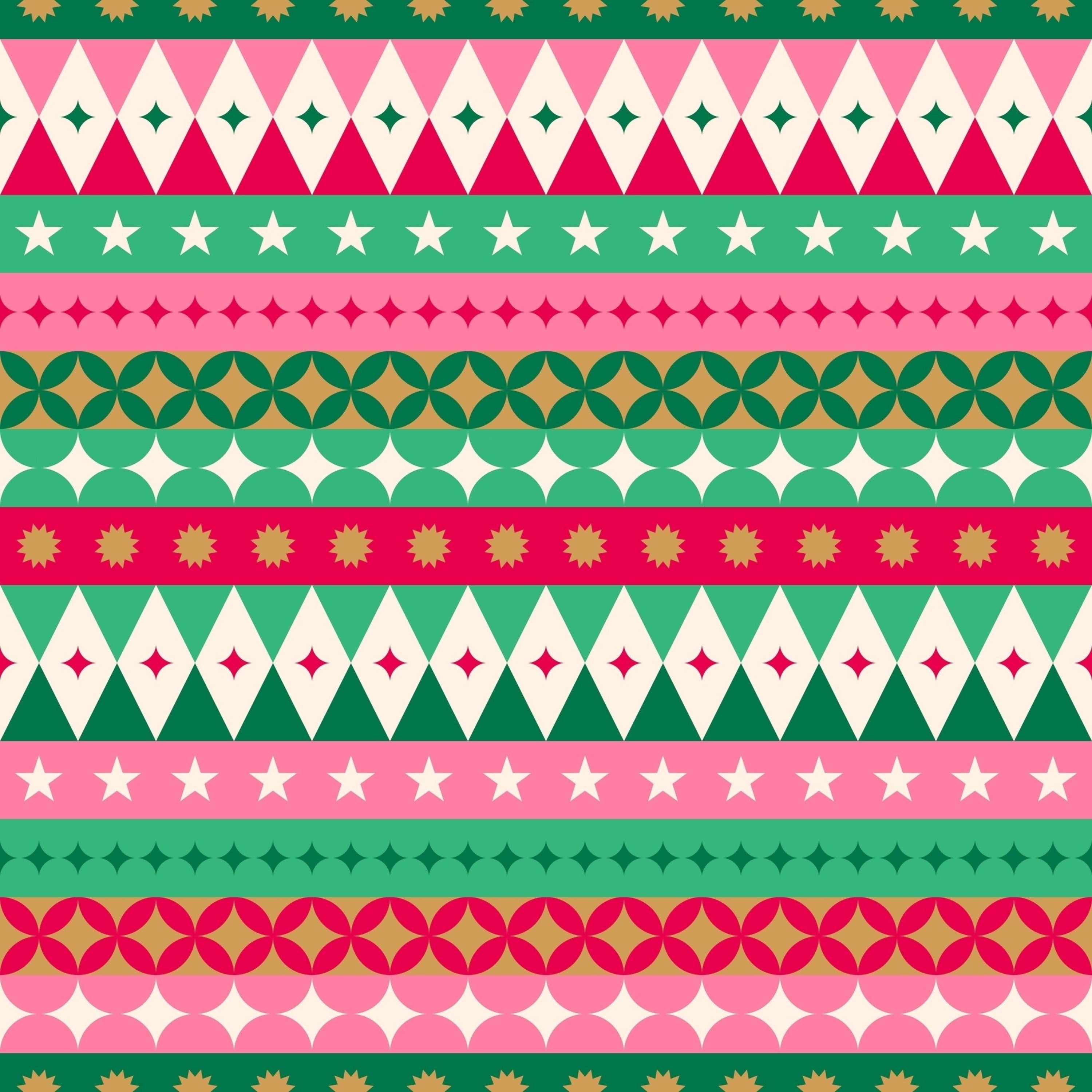 Fiesta fabric swatch — bold geometric stripe print in red, pink, green and gold