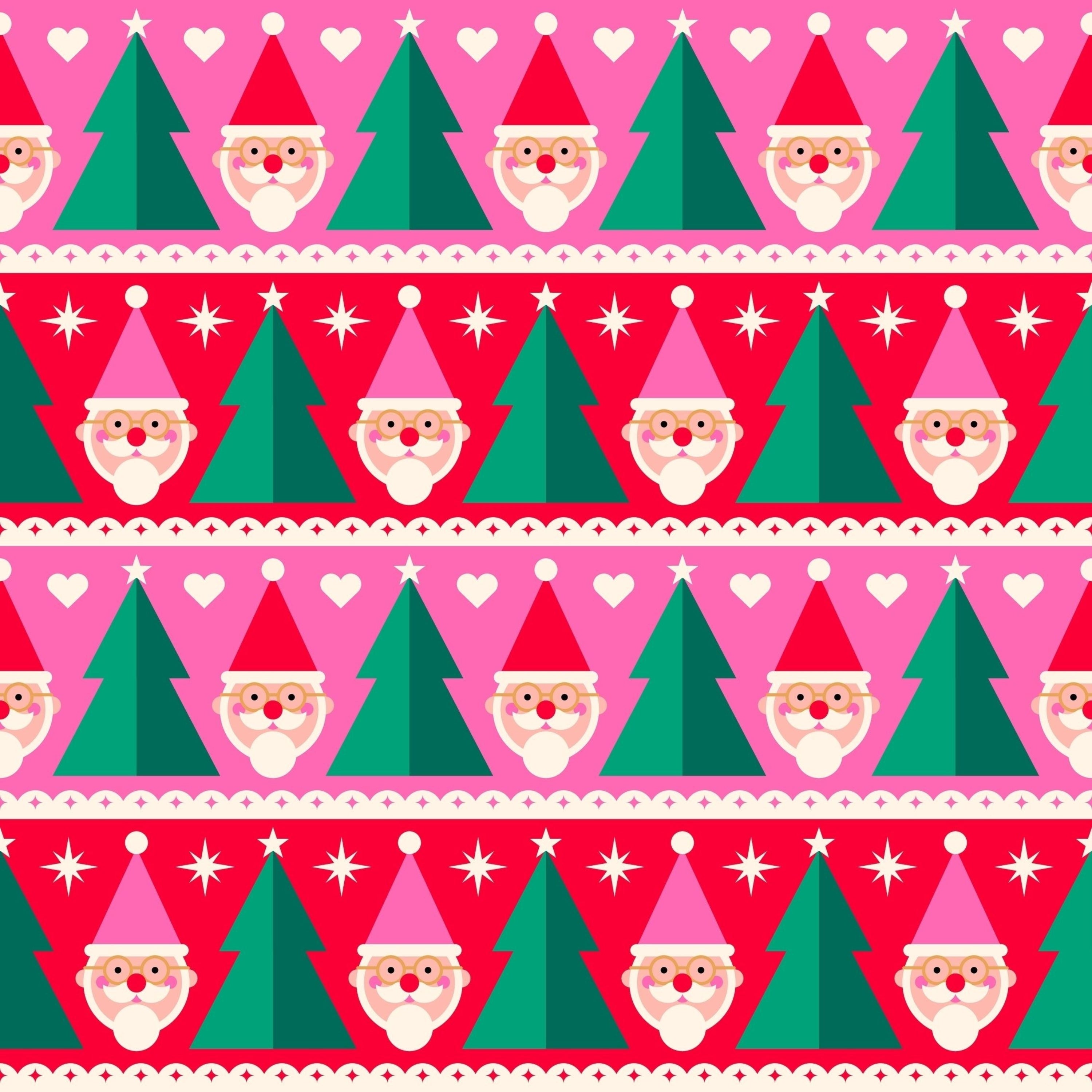 Papa Noel fabric swatch — Santa and Christmas tree print in bold pink, red and green