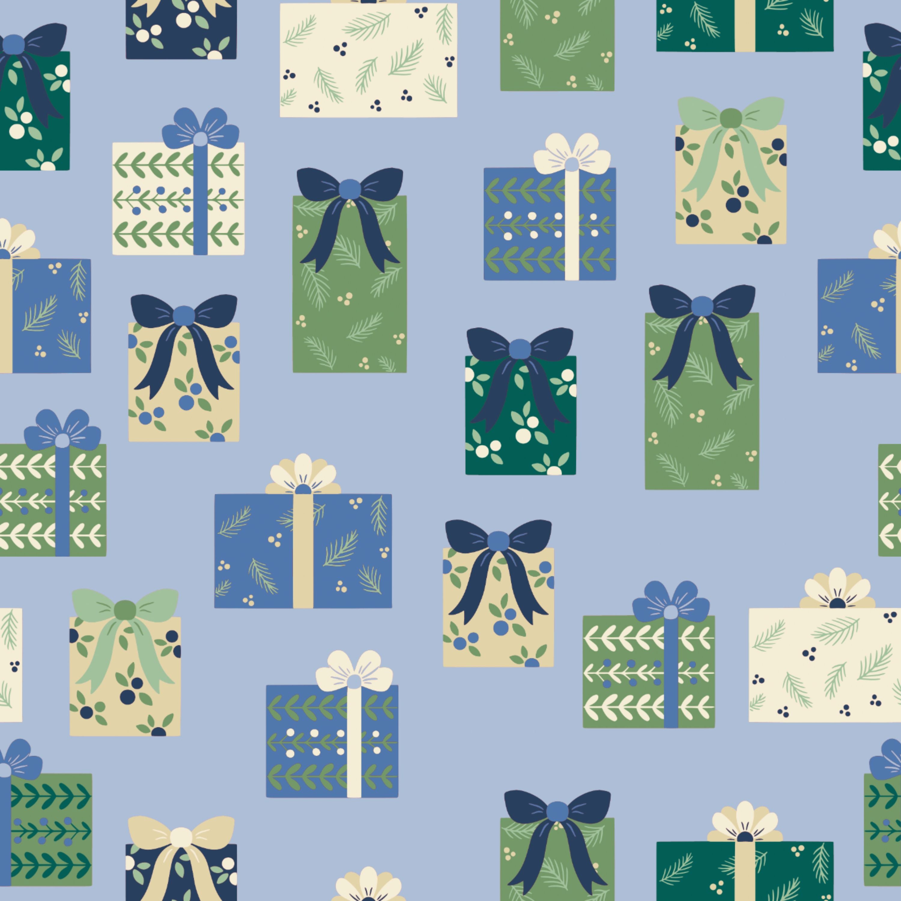 Folk Gaver fabric swatch — illustrated gift box print in soft blue, sage and cream