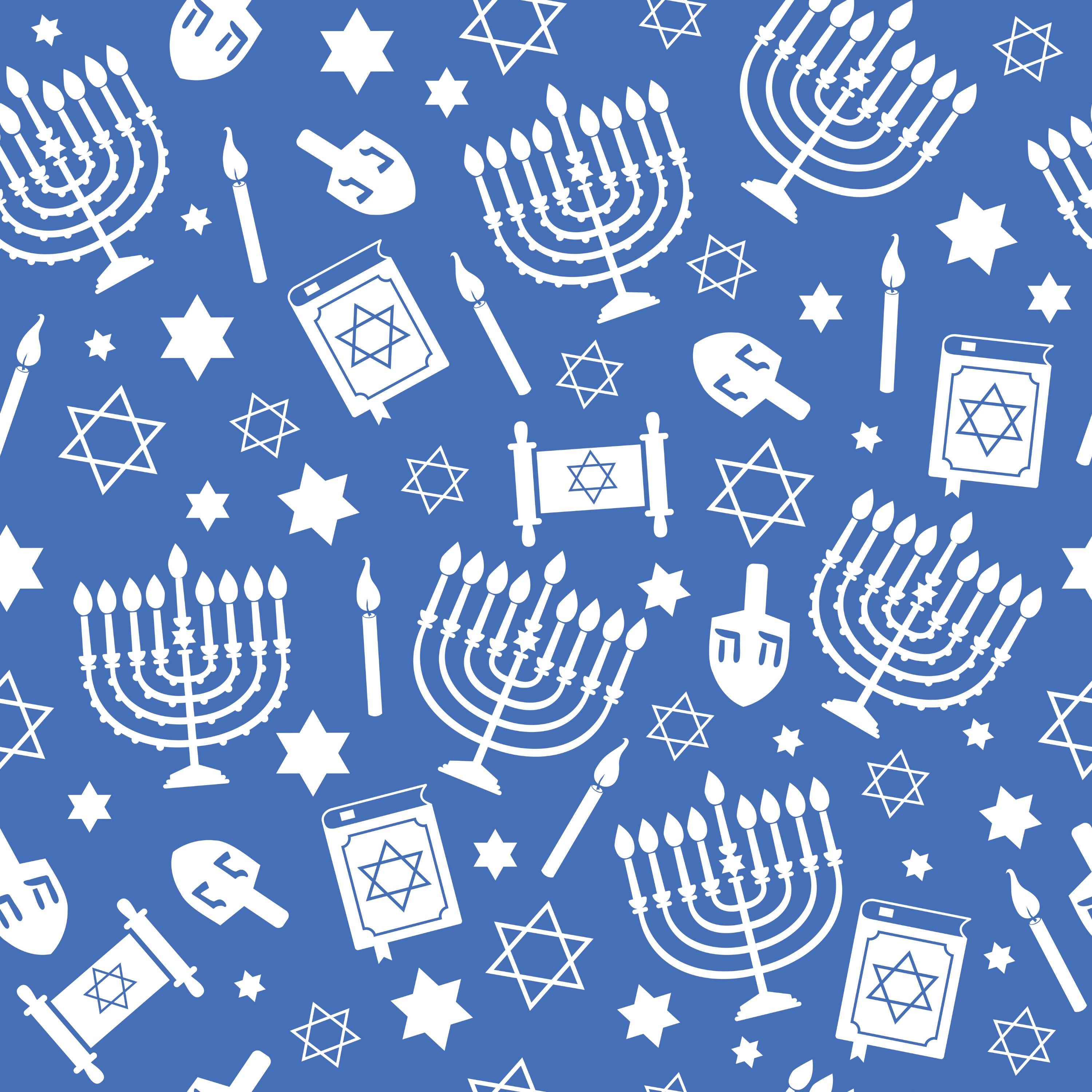 Hanukkah fabric swatch — menorah and Star of David print in white on cobalt blue