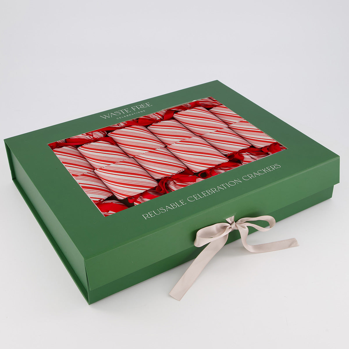 Candy Cane reusable Christmas crackers — in box with ribbon closure visible — handmade in Afghanistan