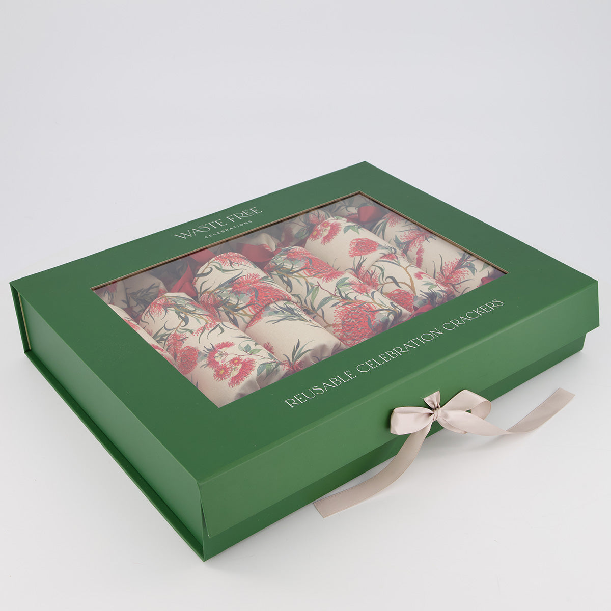 Eucalyptus reusable Christmas crackers — in box with ribbon closure visible — handmade in Afghanistan