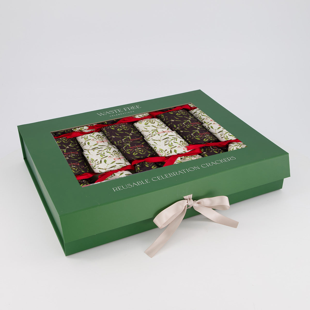 Mistletoe reusable Christmas crackers — in box with ribbon closure visible — handmade in Afghanistan