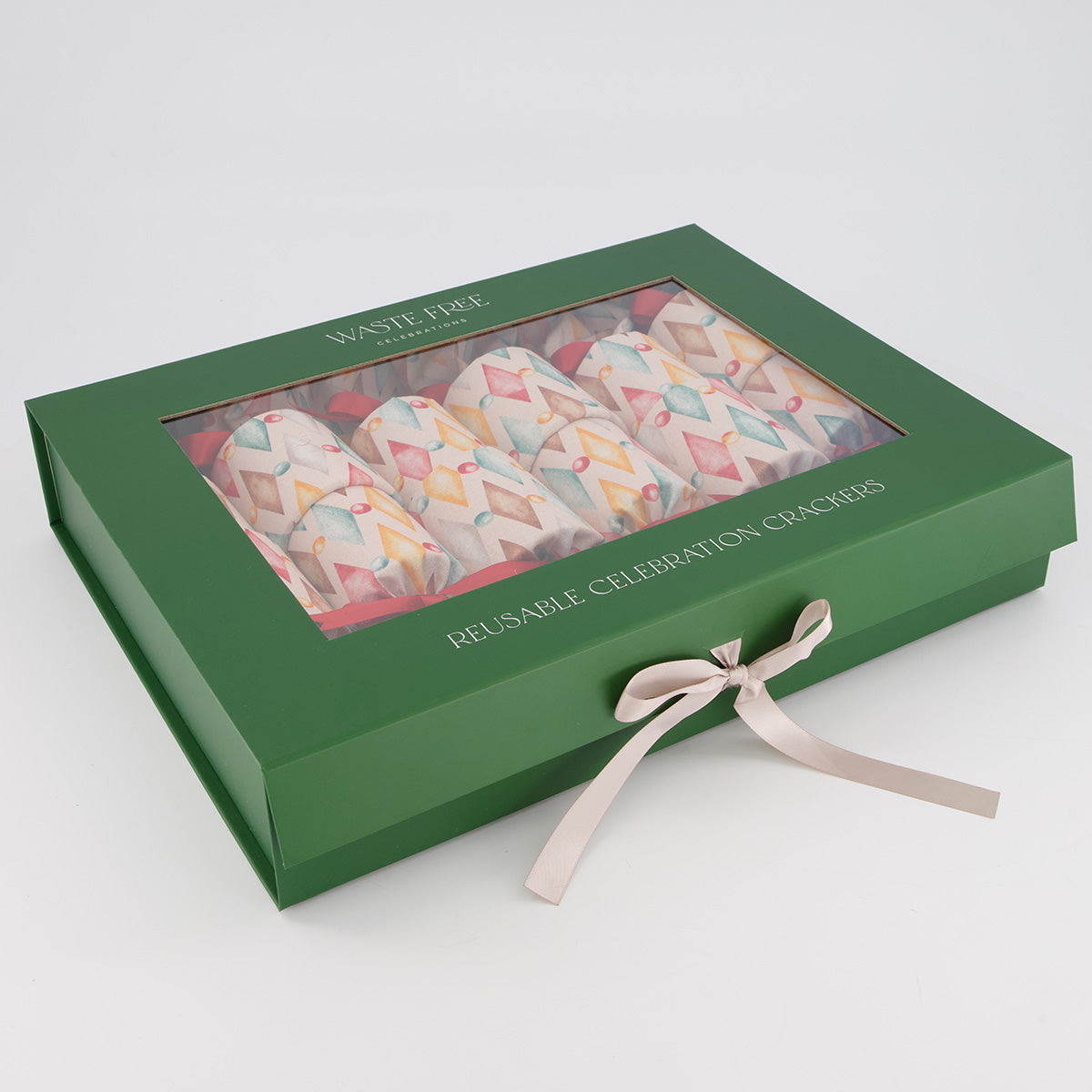Harlekin reusable Christmas crackers — in box with ribbon closure visible — handmade in Afghanistan