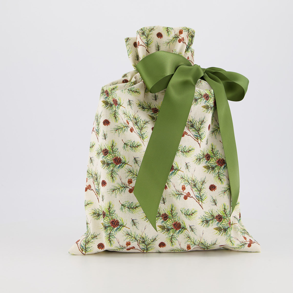 Book reusable gift bag — subtle woodland botanical print in green and cream — handmade in Afghanistan