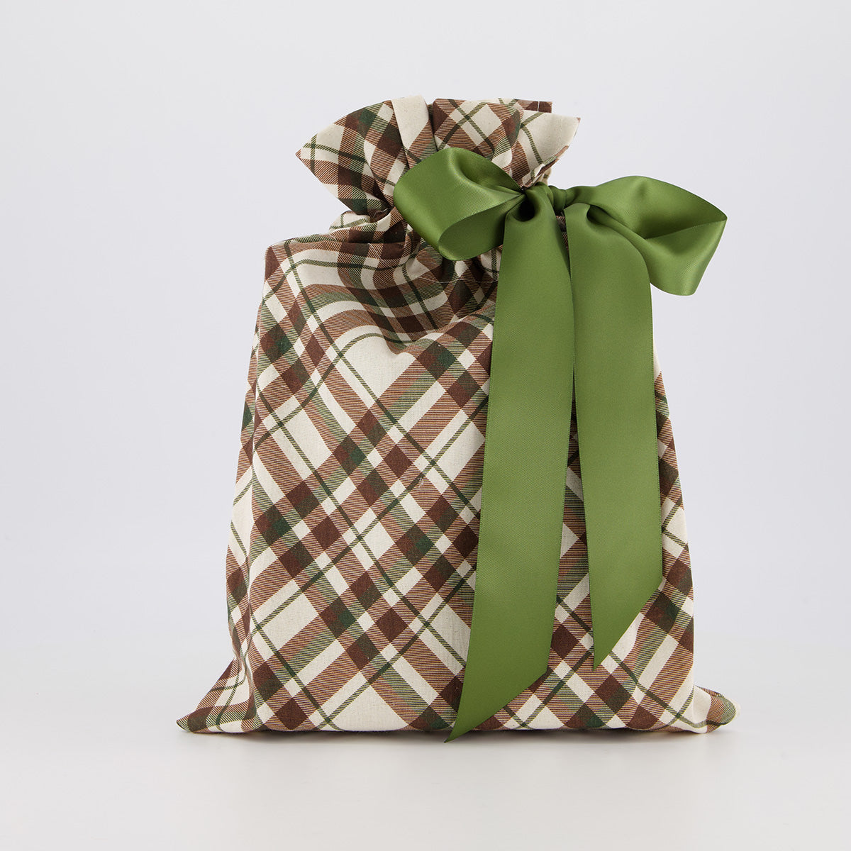 Book reusable gift bag — rich forest green tartan in green, brown and cream — handmade in Afghanistan