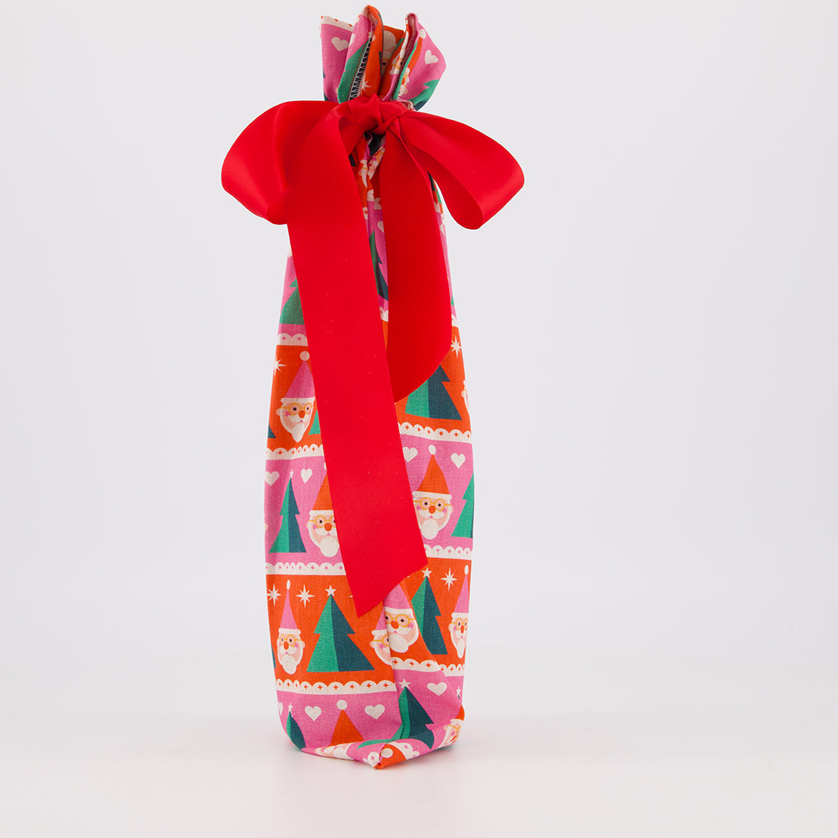 bottle reusable gift bag - playful Papa Noel print in pink, red and green - handmade in Afghanistan