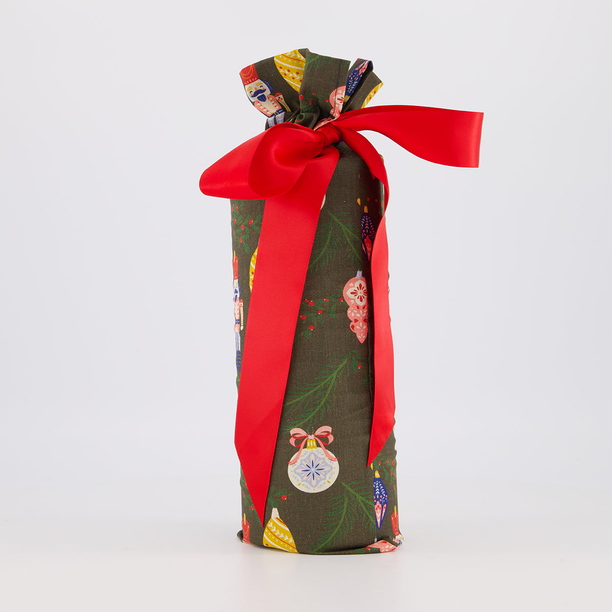 bottle reusable gift bag — bold folk print in green, red and navy — handmade in Afghanistan