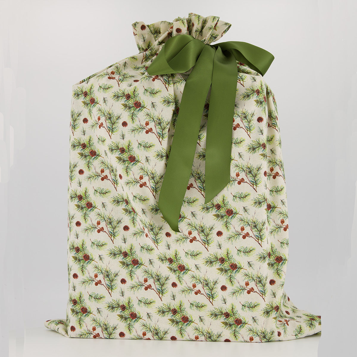 Santa Sack reusable gift bag — pine and berry print in green, brown and cream — handmade in Afghanistan