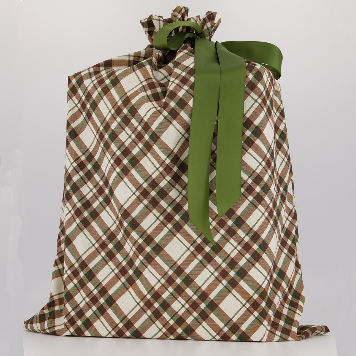 Santa Sack reusable gift bag — rich forest green tartan in green, brown and cream — handmade in Afghanistan