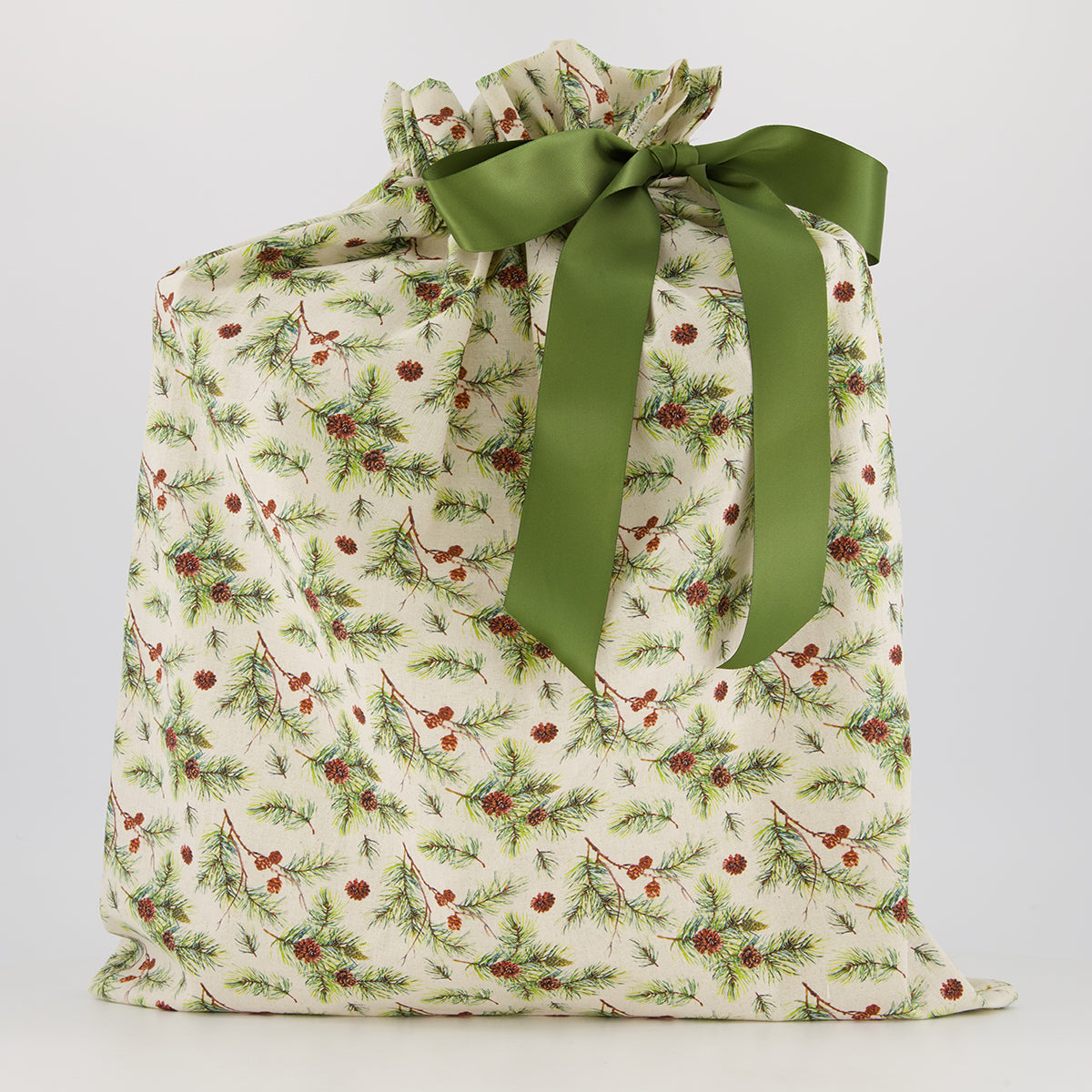 Large reusable gift bag — pine and berry print in green, brown and cream — handmade in Afghanistan