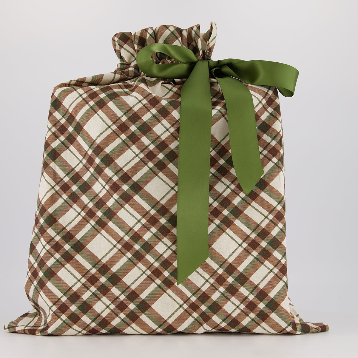 Large reusable gift bag — rich forest green tartan in green, brown and cream — handmade in Afghanistan