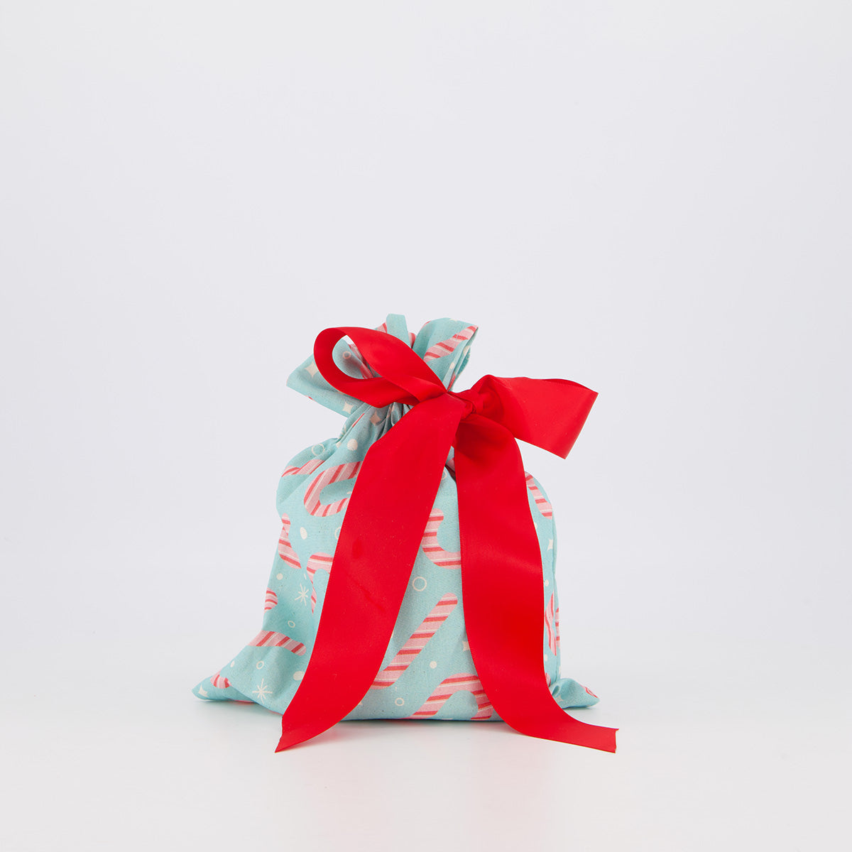 Small reusable gift bag — sweet candy-inspired print in pink, white and mint — handmade in Afghanistan