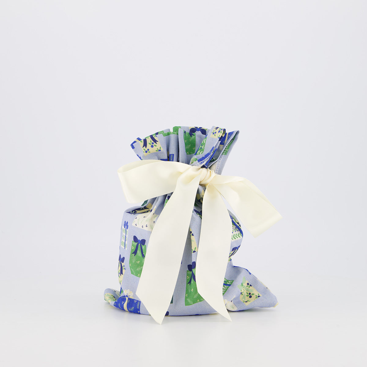Small reusable gift bag — illustrated gift box print in soft blue, sage and cream — handmade in Afghanistan