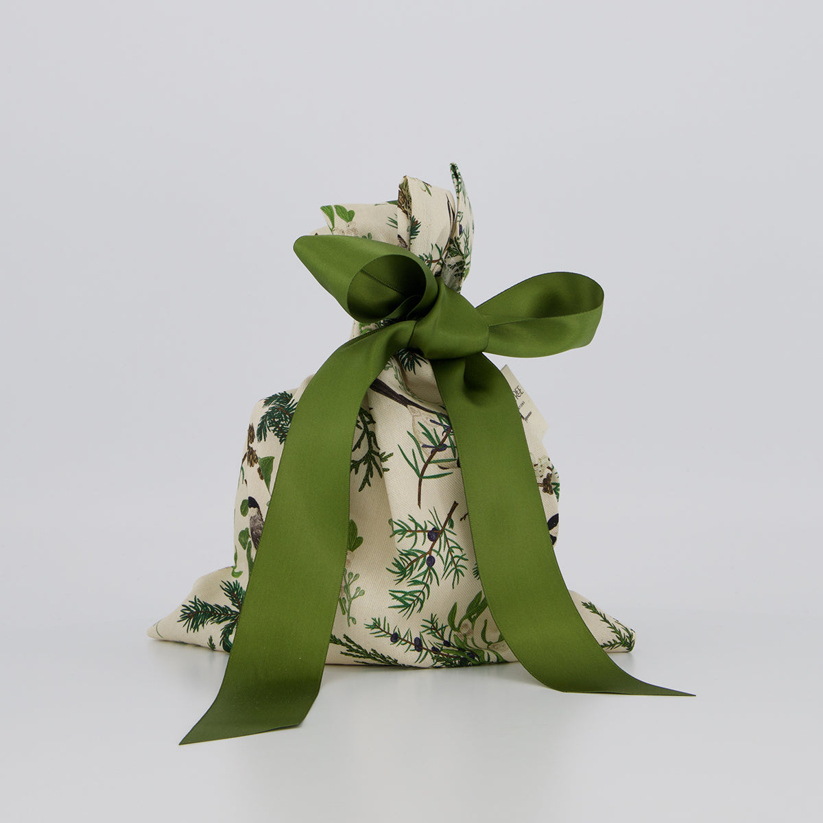 Small reusable gift bag — pine and berry print in green, brown and cream — handmade in Afghanistan
