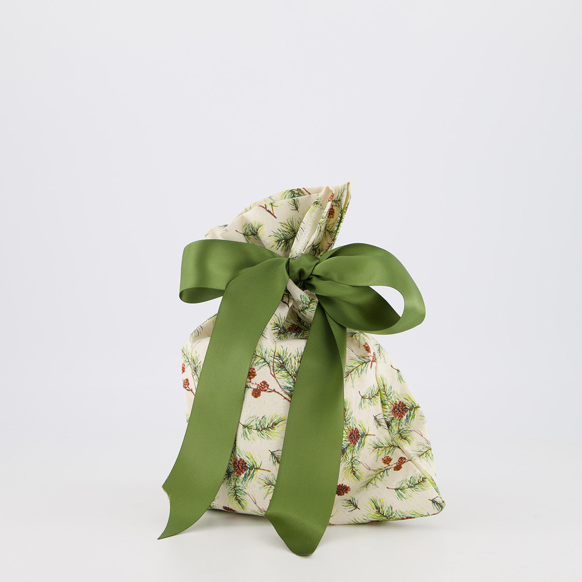 Small reusable gift bag — subtle woodland botanical print in green and cream — handmade in Afghanistan